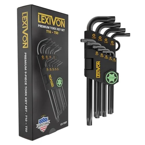 LEXIVON Torx Wrench Set, 9-teilig, Premium-Sternschlüssel Set, L-förmiges Design mit langem Arm, Größen T10 bis T50, S2-Stahllegierung in Industriequalität (LX-130T)