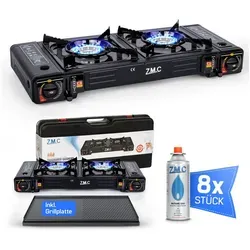 ZMC Gaskocher Doppel Campingkocher 2 Flammig mit Piezo-Zündung - Campingkocher für Outdoor-Einsätze mit 2 Brennern und 2,3 kW Leistung, inklusive Tragkoffer und 8 Gaskartuschen für mehr Flexibilität auf Reisen.