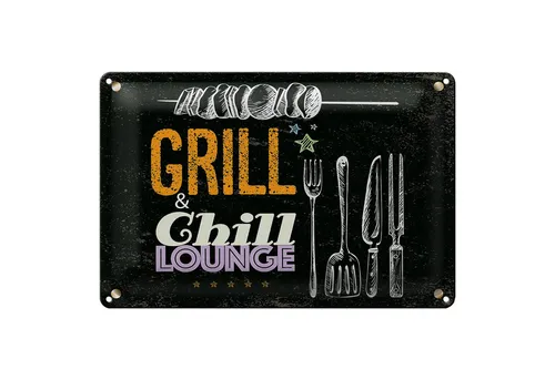 Roomando Metallschild Spruch Grill & Chill Fleisch Grillen 18x12cm
