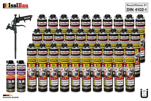 Brandschutzschaum B1 30x750ml mit Montageschaum und Reinigern - Hochwertiger Brandschutzschaum B1 für Abdichtungen und Isolierungen. Hohe Temperaturbeständigkeit und ausgezeichnete Haftung sorgen für zuverlässigen Schutz in Innen- und Außenbereichen.