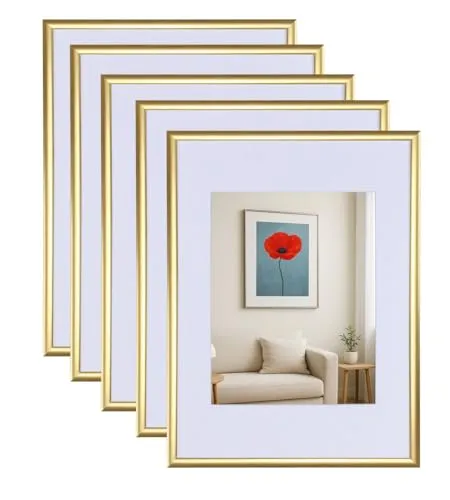 IDEAL TREND 3er 5er Set New Lifestyle Kunststoff Bilderrahmen mit Passepartout & Klarglas Collage Wanddeko Poste: Farbe: 5er Pack Gold | Format: 13x18