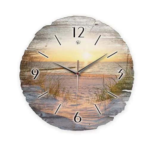 Kreative Feder Runde Wanduhr „Strand“ aus Naturholz mit flüsterleisem Uhrwerk; Durchmesser 30cm (Strand, leises Funkuhrwerk)
