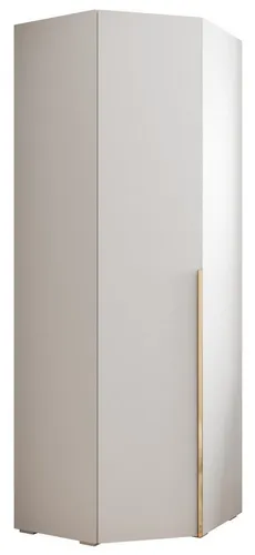 ABIKS MÖBEL Eckschrank Inova 1 - Moderne Eckkleiderschränke mit 2 Kleiderstangen und 7 Einlegeböden, ideal für optimale Raumnutzung in Weiß mit goldfarbenen Griffen.