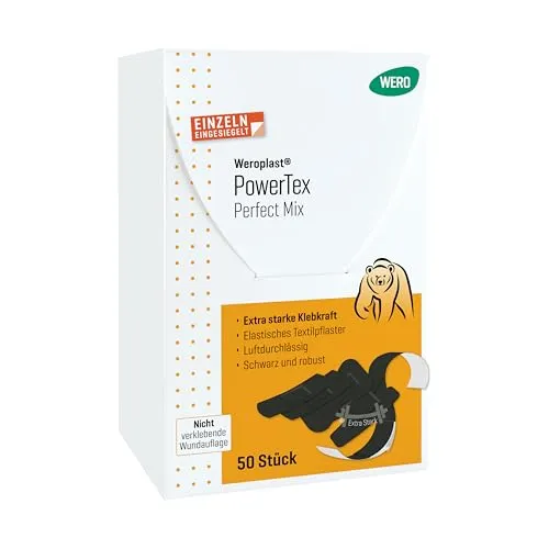 Wero Pflaster PowerTex Perfect Mix - 50 Strips, wasserfest & elastisch - Pflaster-Set mit 50 Strips in 5 Größen, atmungsaktiv und ideal für aktive Nutzung, schützt Wunden effizient und passt sich jeder Bewegung an.