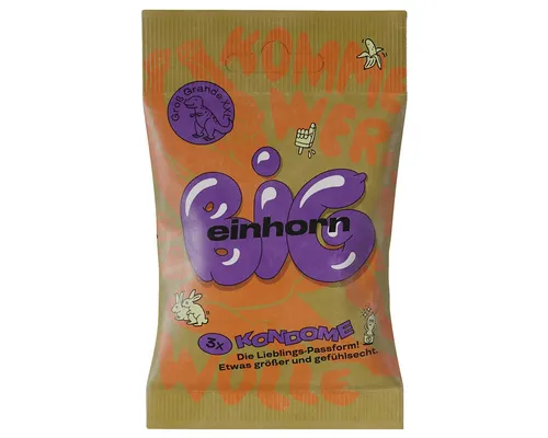 einhorn XXL-Kondome BIG (57mm Breite + Comfort-Form) Packung mit, 3 St., Fairstainability Kondome - kreativ, umweltbewusst & fair gehandelt, vegane Kondome in der Chipstüte