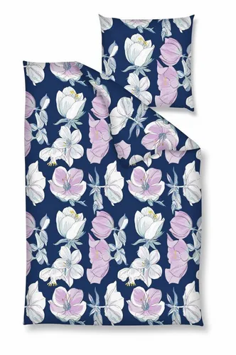 Traumschloss Bettwäsche Baumwolle, Renforcé, 2 teilig, Blumen in rosa weiß, blauer Hintergrund