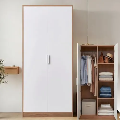 MinteLiv Kleiderschrank Weiß & Eiche-Optik – 2-türiger Drehtürenschrank mit 52 cm Tiefe