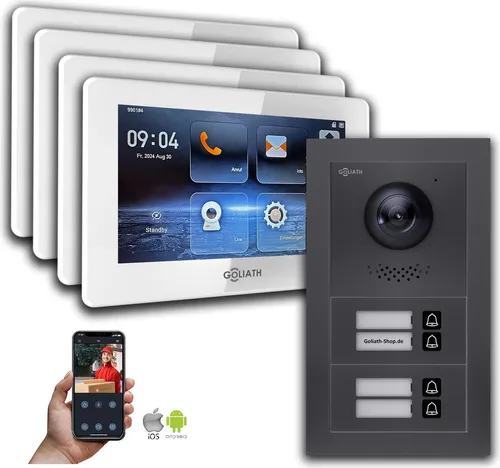Goliath IP Video Türsprechanlage 7 Zoll für 4-Familienhaus - Hochwertige Video-Türsprechanlage mit 7-Zoll Farb-Touchscreen und HD-Kamera. Interkom-Funktion für klare Kommunikation und erweiterbare Sicherheitsoptionen sorgen für zusätzlichen Komfort und Sicherheit.