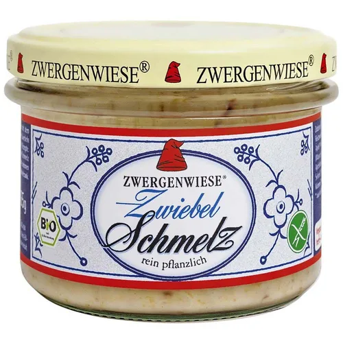 Zwergenwiese Bio Zwiebel Schmelz - Veganer Bio Brotaufstrich mit dem herzhaften Geschmack von gerösteten Zwiebeln und Äpfeln, ideal für Brot oder als Verfeinerung für Gerichte.