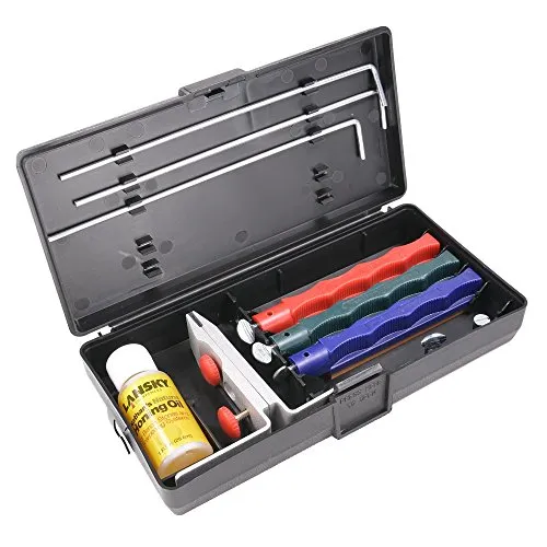 Lansky Schärfset Standard - Messerschärfer mit 3 Abziehsteinen (grob, mittel, fein) für präzises Schleifen, einfache Handhabung und praktische Transportbox.