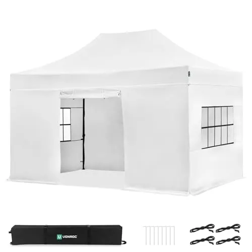 VONROC Partyzelt 3 x 4,5 m mit Seitenwänden – Wasserdicht und UV-Schutz - Ideal für Gartenpartys, Grillfeste oder Märkte. Das 420D PVC-Zelt bietet einen stabilen Stahlrahmen, schnellen Auf- und Abbau sowie praktische Seitenwände mit Sichtfenstern und Reißverschluss für optimalen Schutz.