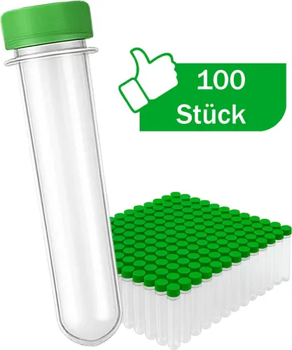 BURI 100x Petlinge mit grünem Deckel | Geocaching Behälter 12,6cm x Ø2,5cm | Wasserdichte PET Rohlinge transparent | Robuste Röhrchen Kunststoff Schraubverschluss