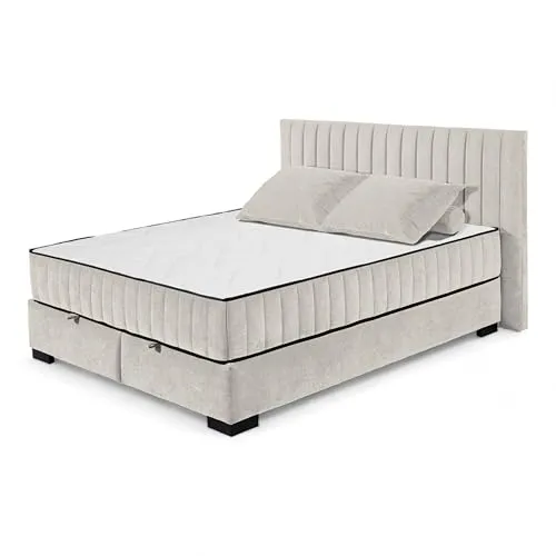 NAGOL C Boxbett 160x200, Sand - Bequemes Doppelbett mit Bettkasten und Premium 9-Zonen-Federkern Wendematratze - 185 x 114 x 214 cm (B/H/T)
