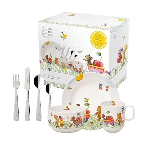 Villeroy & Boch Hungry As A Bear Set – 7-teiliges Kinderbesteck und Geschirr - Kindergeschirr-Set aus hochwertigem, spülmaschinenfestem Premium Porzellan mit liebevollem Bärchen-Motiv, ideal für kleine Kinderhände und den täglichen Gebrauch.