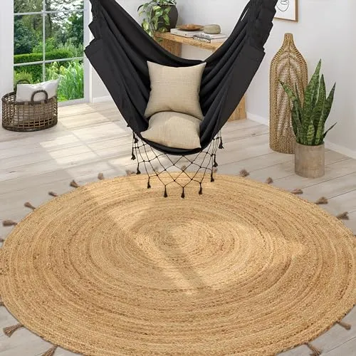 Paco Home Teppich Rund Wohnzimmer Jute Boho Ethno Muster Modern Handgefertigt Naturteppich, Grösse:200 cm Rund, Farbe:Natur 6