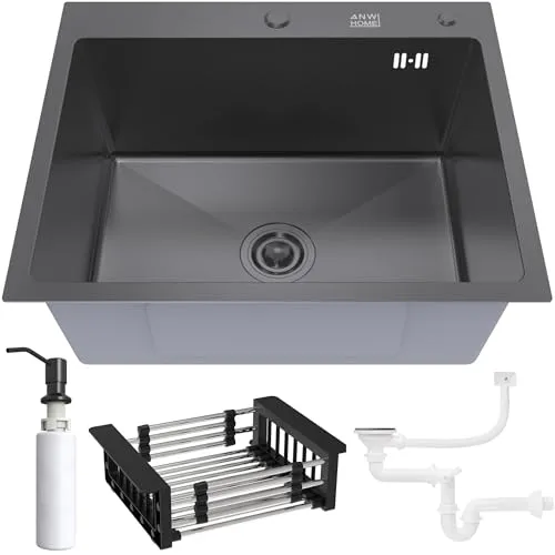 ANW Home Graphit Einbecken-Küchenspüle 60x50 - Modernes Edelstahl-Spülbecken mit 400-ml-Seifenspender und schallabsorbierenden Paneelen für eine ruhige Küche. Ideal für schnelle Installation und langlebige Nutzung.