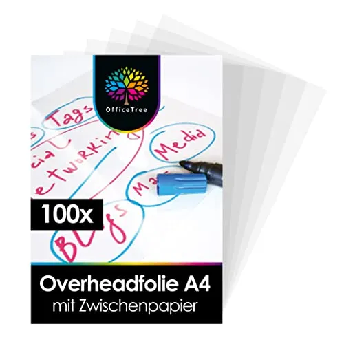 OfficeTree 100 x Overheadfolie A4 - OHP Folien glasklar - Folie für Laserdrucker - Overheadfolien auch als Kopierfolie, Projektorfolie oder Drucker Folie geeignet