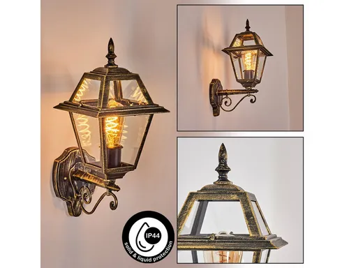 hofstein Außen-Wandleuchte Außenwandlampe aus Metall/Glas in Schwarz/Gold/Klar, ohne Leuchtmittel, Wandleuchte außen im Vintage/Antik/Landhaus-Design, E27, IP44