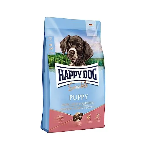 Happy Dog Supreme Sensible Puppy Huhn, Lachs & Kartoffel 10 kg - Hundefutter für Welpen, 100% weizenfreies Rezept mit 86% tierischem Protein, unterstützt das Immunsystem und sorgt für leichte Verdauung durch bissoptimierte Kroketten.