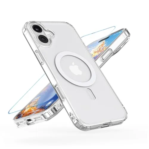 Onestyle für iPhone 16 Hülle MagSafe,1 Handyhülle & 1 Schutzfolie,vergilbt Nicht,stoßfester militärnorm Schutz,Ultradünn,Kompatibel mit Magnetisch,Anti-Kratzer 6,1 Zoll(Klar)