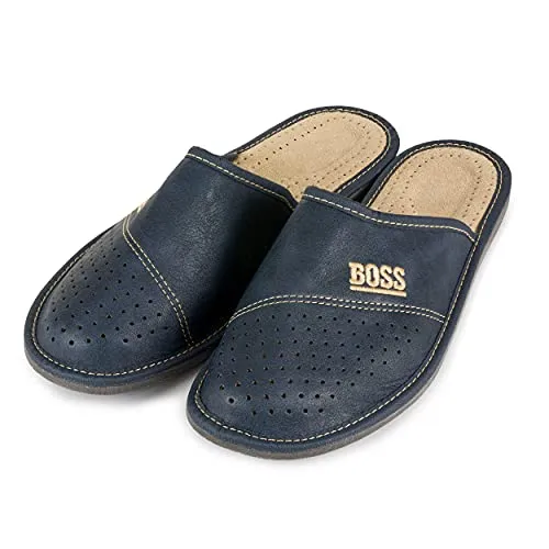 Nowo Herren Hausschuhe aus Leder Pantoffeln Dunkelblau Pantoletten Boss Bequemes Tragegefühl Lederpantoffel Männer Hausschlappen 43