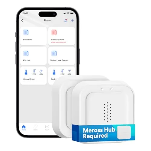 Meross Smart Wassermelder | Hub benötig | Wasserlecksensor WLAN 0,3 mm Erkennung | bis 100dB Sensor & APP & Hub-Alarm | Smart Wasseralarm Melder für Küche, Badezimmer, Keller | 2,4GHz | 2PCS