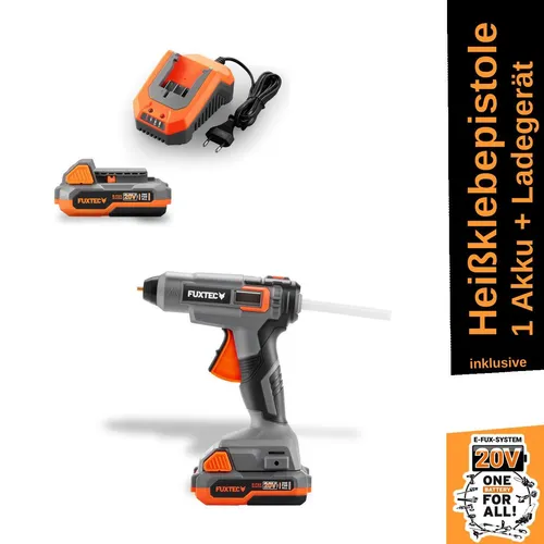 FUXTEC Heißklebepistole FX-E1GG20SET - Kabellose 20V Heißklebepistole für kreative Projekte, mit schneller Aufheizzeit und integrierter LED-Lampe. Ideal für Holz, Kunststoffe und mehr – für präzises Arbeiten ohne Einschränkungen.