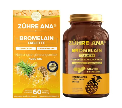 Zühre Ana Bromelain Kapseln 1250 mg - 60 Kapseln mit Ananas-Extrakt - Nahrungsergänzungsmittel zur Unterstützung der Verdauung, enthält kraftvollen Ananas-Extrakt für natürliche Enzymwirkung.