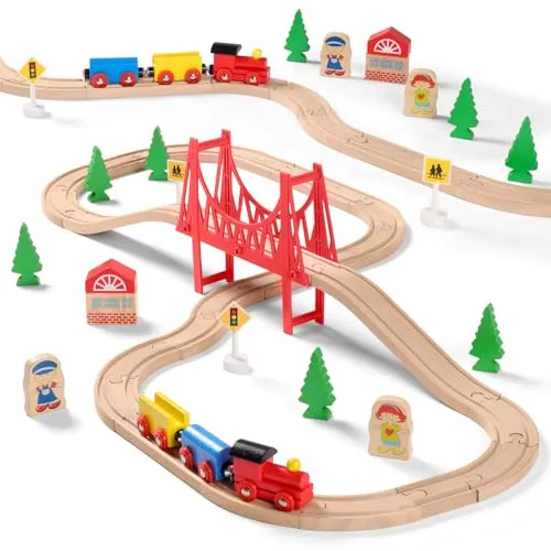 SainSmart Jr. Holzeisenbahn Set, 37 Teile, kompatibel mit Brio, ab 3 Jahren