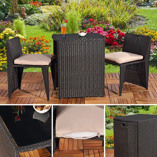 3er Set Gartenmöbel aus Poly Rattan in Braun – Sitzgarnitur mit Kissen - Loungemöbel & Sitzgruppen, stilvolle Sitzgruppe mit 2 Hockern und Tisch, inklusive waschbarer Kissen für höchsten Komfort, ideal für den Außenbereich.