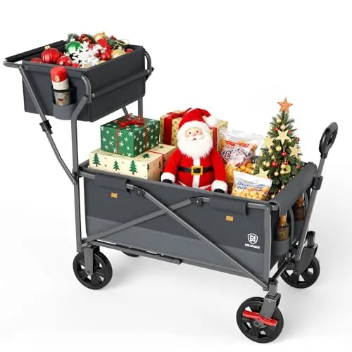 EVER ADVANCED Bollerwagen faltbar schieben&ziehen mit Bremse Einkaufskorb Getränkhalter Seitentasche Handwagen klappbar Strandwagen bis 120kg Faltwagen Transportwagen für Camping