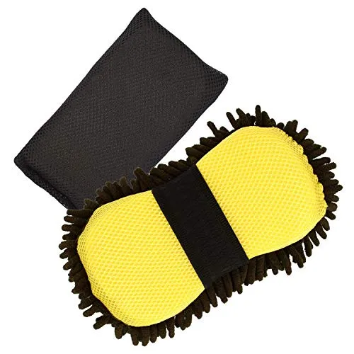 com-four® 2-teiliges Auto Reinigungsset - 2 in 1 Autoschwamm und Polierschwamm - Schwamm für sanfte Autowäsche - wiederverwendbar (2 Stück - gelb/schwarz)