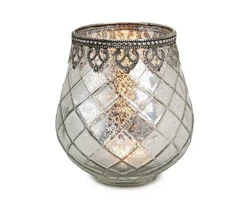 matches21 HOME & HOBBY Kerzenhalter Vintage Kerzenglas Laterne als Outdoor Windlicht silber in 14 cm (1 St), Moderner Glas Teelichthalter als Kerzenständer Tisch-Deko Balkon