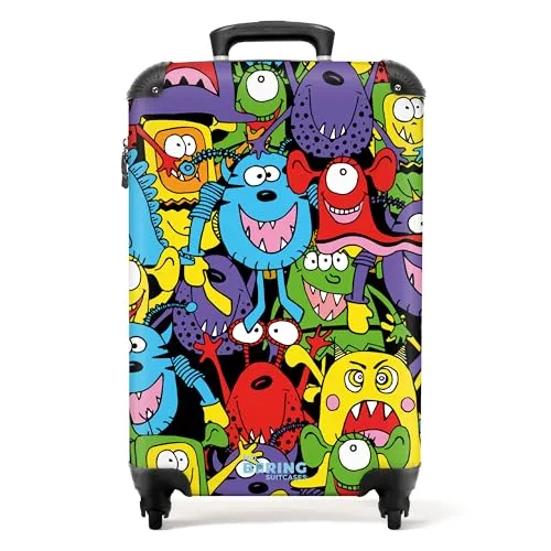 NoBoringSuitcases.com® Kinderkoffer Jungen - Lustiger Monster Trolley Koffer - Kindergepäck: Leichter Handgepäck Koffer mit 55x40x20 cm, robustem ABS-Material und integriertem Zahlenschloss für sichere Reisen.