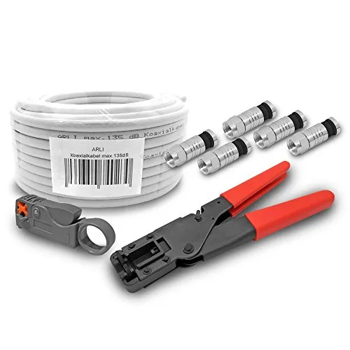 ARLI HD Sat Kabel 50 m Koaxialkabel 135dB Koaxial 5 fach geschirmt Kompressionszange Abisoliermesser 50 x F Kompressionsstecker 7-7,5 mm Satkabel TV Antennenkabel 4K Zange Abisolierer F-Stecker