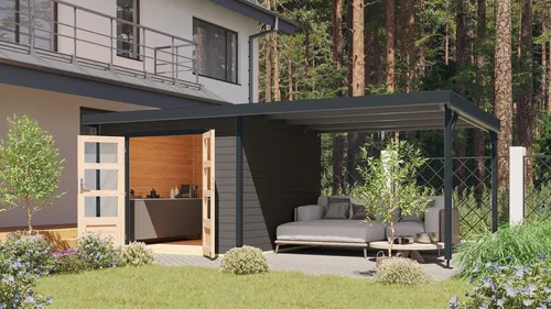Gartenhaus Hybrid ORION terragrau/Rahmen anthrazit 28 mm - 271x271 cm - Hochwertiges Gartenhaus mit 28 mm Wandstärke, ideal für vielseitige Nutzung. Inklusive Vordach und optionalem Fußboden. Perfekt für Ihren Garten!