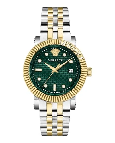 Versace Herren Armbanduhr NEW GENT CLASSIC 42 mm - Armbanduhr für Herren mit grünem Zifferblatt und edlem Edelstahlarmband, wasserfest bis 5 ATM - perfekter Begleiter für stilbewusste Männer.