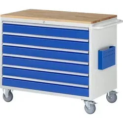 Montagewagen 1145x650x975 mit 6 Schubladen und Schiebebügel - Werkstatteinrichtung mit robustem Buchen-Riegel, umweltfreundlichem Oberflächenschutz und 4-Kant Systemlochung für vielseitige Nutzung.