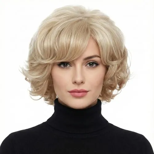 XULAIP Damenperücke, blond, kurz, gelockt, Seitenscheitel, geschichtete Perücke, flauschig, natürlich, gelockt, für Frauen, hitzebeständig, volle Perücke, kurze Schicht, Pony-Haar (blond)