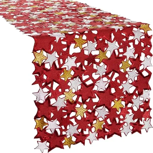 REDBEST Tischläufer Sterne mit Durchbruchstickerei rot Größe 40x160 cm - mit Metallgarn, pflegeleicht und beständig