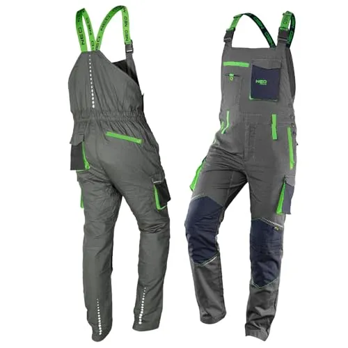 NEO TOOLS Herren Premium Arbeits-Latzhose, 100% Baumwolle 210 g/m2, Ripstop, Gr. XS-3XL, Kniebereich mit Cordura verstärkt, elastischer Gummibund und Hosenträger, reflektierende Elemente
