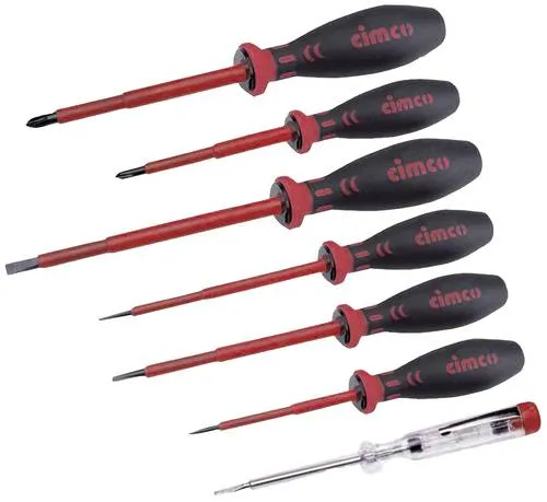 Cimco Schraubendreher-Satz VDE 7-tlg 117802 | Isoliertes Elektriker-Set für sicheres Arbeiten bis 1000V - Schraubenzieher-Set 7-tlg. VDE 1000V, ideal für Elektroinstallationen mit ergonomischen Griffen und Chrom-Vanadium-Stahl für höchste Sicherheit und Langlebigkeit.