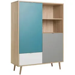 Mid.you Highboard in Grau, Weiß, Eiche & Petrol - Stylisches Highboard für das Wohnzimmer im Skandi-Chic, mit 3 Fächern und 3 Schubladen für optimalen Stauraum und individuelle Akzente.
