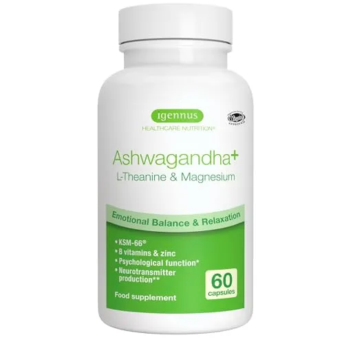 Igennus hochdosierter Ashwagandha Anti-Stress Komplex, L-Theanin & Magnesium & KSM-66 Wurzelextrakt Adaptogene, methylierte B-Vitamine, für Entspannung & Schlaf, Clean Label, 60 vegane Kapseln