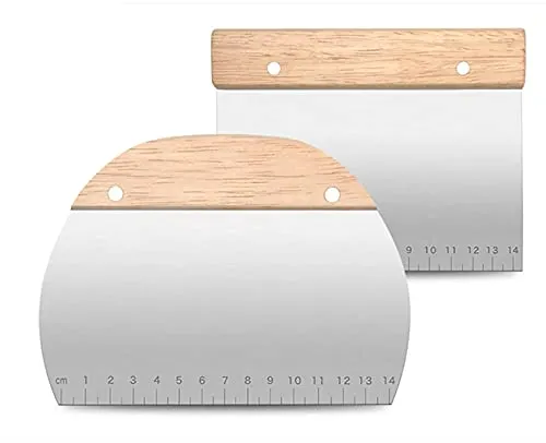 XPOOP 2 Pcs Edelstahl Backen Teigschaber, Pizzateig Spachtel, Tortenschabermit Holzgriff, Mehrzweck-Küchenschneider mit Griff und Messskala in Zentimetern und Zoll