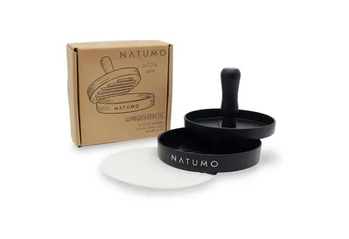 natumo Burgerpresse aus Aluguss mit 50x Trennpapier - Ø 11cm, 200g - Schwarz, Metall