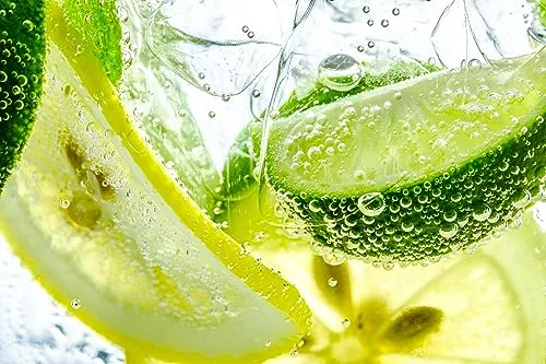 Queence Küchen Spritzschutz Zitrone/Limette 60x40 cm - Spritzschutz aus Alu-DiBond, hitzebeständig und leicht zu reinigen, ideal für Herd und Spüle, schützt vor Fettspritzern und verleiht Ihrer Küche ein modernes Design.