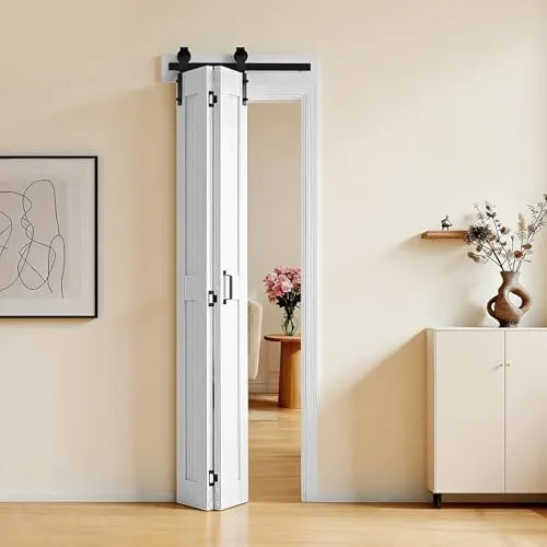 VEVOR Faltbare Schiebetür im Scheunentor-Stil 609x2134 mm aus MDF, mit Beschlagsatz & Platzsparendem H-Rahmen-Design, Faltschiebetür für Schlafzimmer Wohnzimmer Weiß (Montage erforderlich)