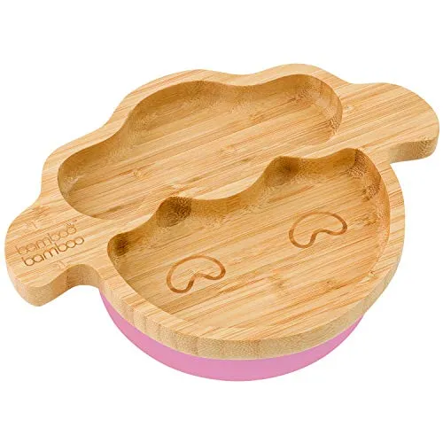 Produktbild bamboo bamboo Baby Teller Kinderteller, Kindergeschirr mit Saugnapf, Bambus Babyteller mit sicherem Saugnapf, Sugnapf Teller Baby ab 6 Monaten (Lamm, Rosa)