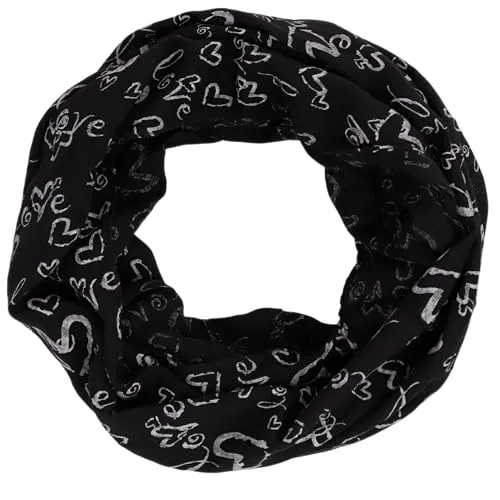 MIRROSI Loop Damen Schal mit Blumen-Muster Weich aus 100% Baumwolle (ca. 160x44cm Zweimal um den Hals wickelbar (Love: Schwarz)